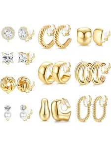 10 Pairs Clip on Earrings for Women Non Pierced Ears CZ Pearl Knot Twist Chunky Hoop and Studs Earring Set Ear Clips Jewelry 14K Gold Plated Earring Stacking Set