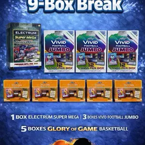 9 Box Serial Number Break - 1X Electrum Super Mega, 3X Vivid Football Jumbo, 5X Glory of the Game Basketball.