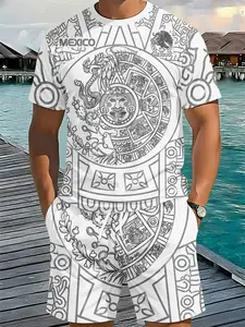 Men's 3D Digital Printed Two-Piece Set with Mayan Calendar Line Art Print, Casual Sportswear Outfit, 2 Pieces. Trendy & Stylish Suit, Retro Casual Two-Piece Ensemble, Vacation-Style Fashion Wear, Breathable Sporty Casual Style. An Ideal Festival Gift for