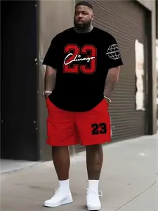 Men's Plus Size Loose Short Sleeve Shorts Set, Fashion Two-Piece Outfit Sports Wear, Menswear, Digital Print Round Neck T-Shirt & Drawstring Shorts
