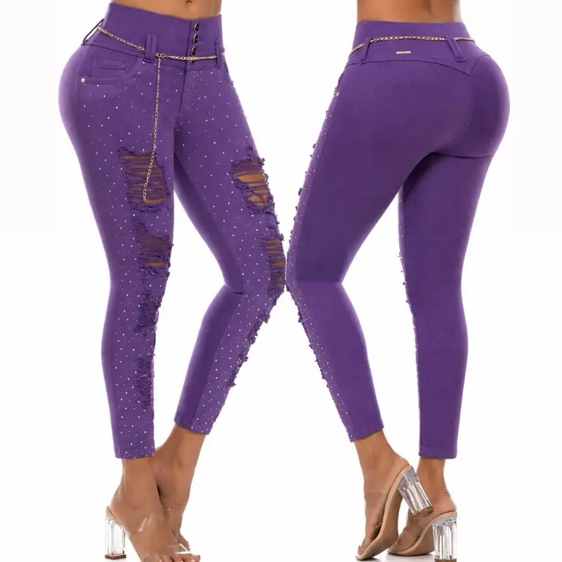 Women's High-Waist Colombian W50-344 Stretchy Distressed Rhinestone-Embellished Purple Jeans - Fitted Bottoms