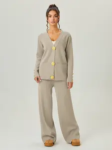 Women's Versatile V-Neck Gold-Toned Button Side Pocket Cardigan & High Waist Wide Leg Trousers Co-ord