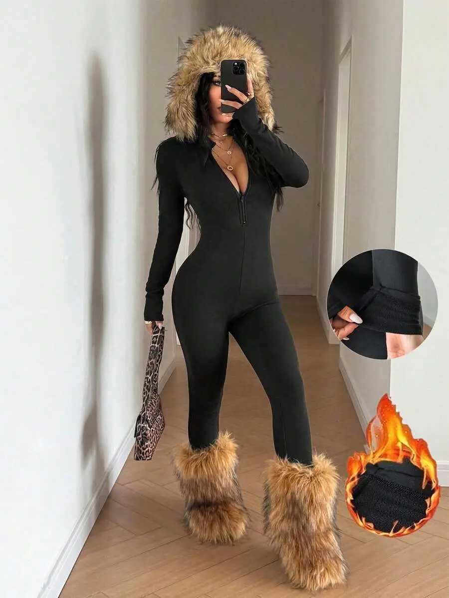 LUNA LAYER Women Thermal Lined Slim Fit Jumpsuit High Waist Stand Collar Knitted Long Sleeve Black Streetwear Casual Night Out Unitard