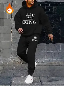 Men's Thermal Lined King Print Sweatshirt & Drawstring Waist Sweatpants Two-piece Set, Casual Long Sleeve Hooded Pullover & Pocket Jogger Pants for Fall & Winter, Men's Clothes for Daily Wear