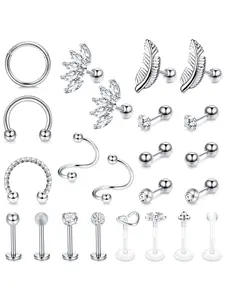 23 Pcs Unisex Silvery Stainless Steel Piercing Jewelry Set for Women Men Sparkling Elegant Designs Facial Piercings Comprehensive Assortment Versatile Rings Studs Forward Helix Tragus Conch Ear Cartilage Septum Labret Daily Matching Options