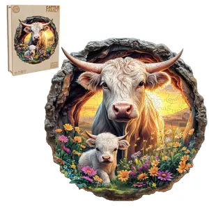 Cattle Family Wooden Jigsaw Puzzle for Adults and Kids Unique Shape Animal Wood Puzzles Challenging Puzzle Family Game Creative Gifts Laser Cut Durable HDF Wood Puzzle Colorful Floral Beautiful