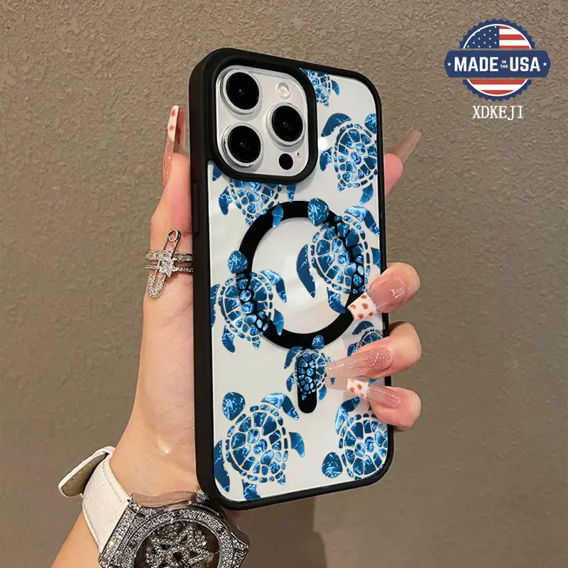Cute Sea Turtle Pattern Premium Magnetic Phone Cases for iPhone 16 15 14 Pro Max 13 12 11 Plus Smartphone Shockproof Protection Acrylic Cover Cellphone Protective magsafe magnetic case Aesthetic Resistance Casing Screen Protector
