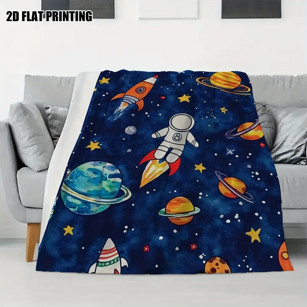 Space-Themed Astronaut & Rocket Cotton Fabric Blanket - Soft, Breathable, Cooling, Wrinkle Resistant, Glam, All Seasons, Planet Print, Easy-to-Clean Bedding Throw for Indoor/Outdoor Use, Astronomy Enthusiasts
