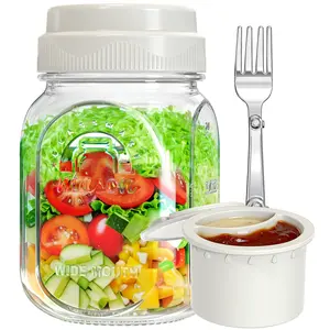 Syntic 32 Oz Customized Food Grade Salad Jar Set, Glass Salad Container for Lunch, Salad Jars with Silicone Dressing Cup & Airtight Lid & Fork for Meal Prep, Wet/Dry Separation Divider for Salad Dressing and Dry Ingredients Mason Jar