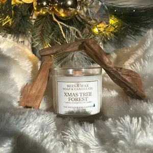 Xmas Tree Forest Woody Fragrance Room Candle - 8 oz, Wooden Wick, Evergreen, Fir & Amber Home Decor Candle