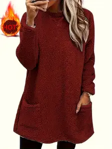 Women's Casual Fashion Long Sleeve Round Neck Sweatshirt, Autumn Winter Velvet Pullover, Plain Color, Comfortable Fit