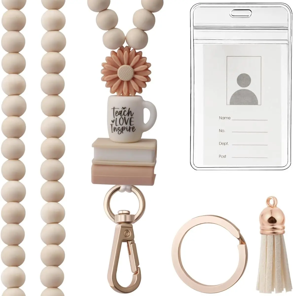 Teacher Lanyard with ID Holder, Fashion Wood Beaded Lanyard for Keys, Super Cute Boho Breakaway Lanyard for Women
