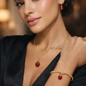 ️Golden -Apple Charm Jewelry Set – Necklace, Bracelet & Earrings (Stainless Steel)