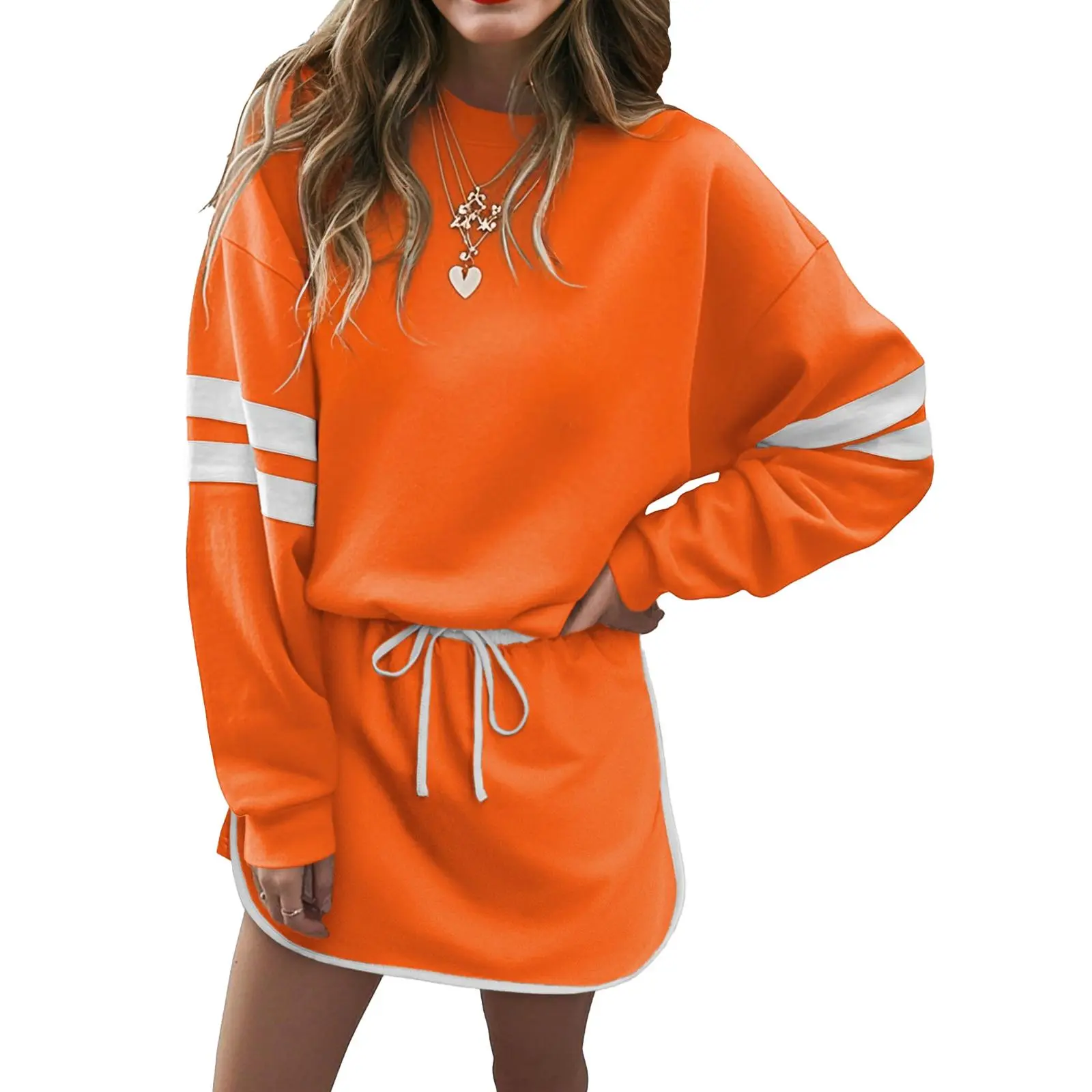 Asvivid Varsity Stripe Detail Drop Shoulder Pullover Top & Mini Skort Set for Women Casual 2 Piece Suits Womenswear