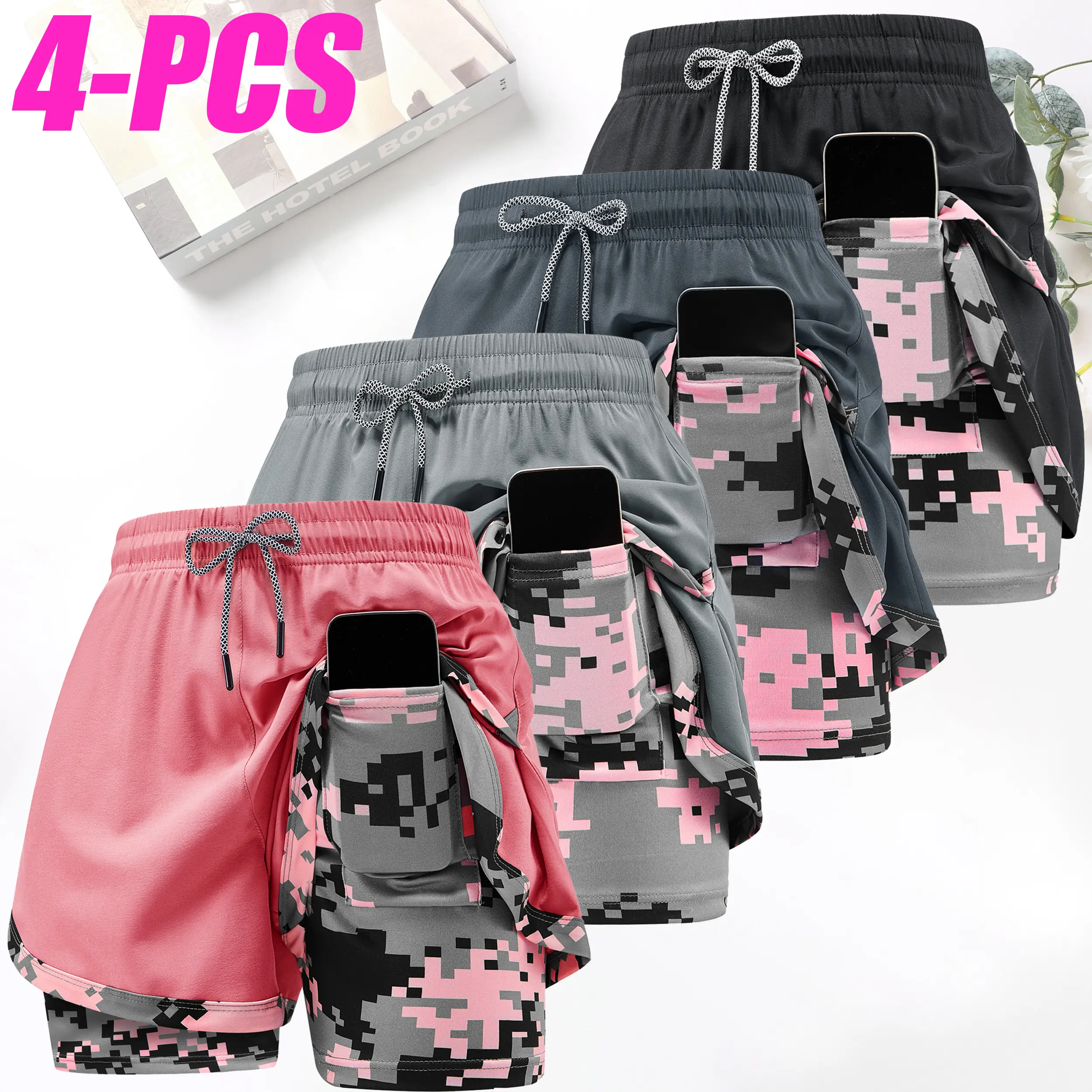 4-pack women’s 2-in-1 running shorts with drawstring elastic waistband, double-layer stacked design, camouflage pockets—casual shorts suitable for fitness and yoga