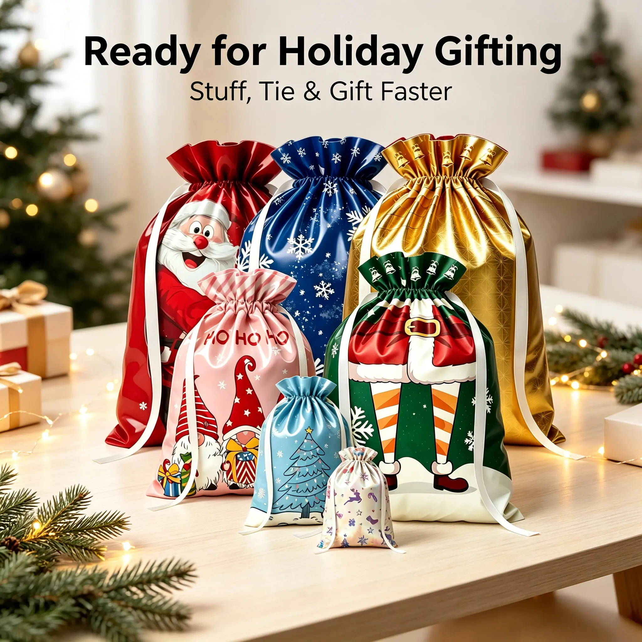 54-Piece Bulk Multi-Size Festive Printed Christmas Drawstring Gift Bags, Assorted Office Wrapping Pouches for Holiday Present Treat Fillers