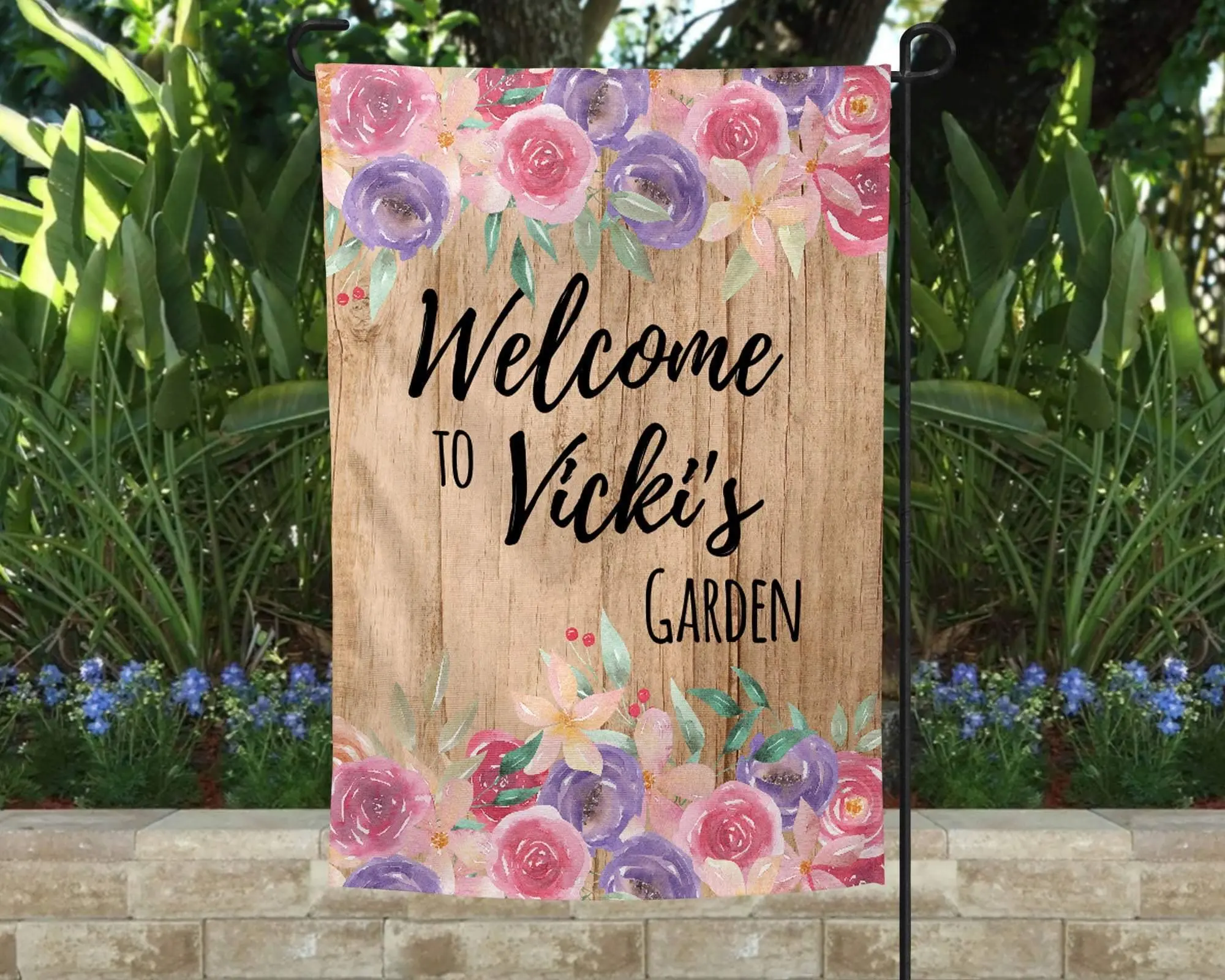Personalized Garden Flag | Custom Yard Decorations | Pink & Purple Bouqet
