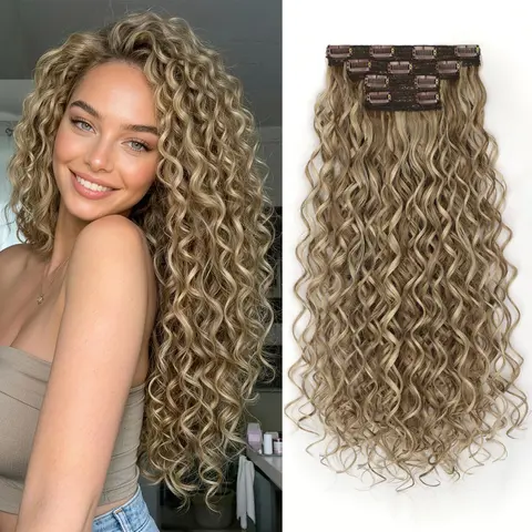 KooKaStyle 20 Inch Curly Clip In Hair Extensions 4PCS, Synthetic Wavy Hairpieces for Women, Lightweight Seamless Blend Extensions for Fuller Layered Hair
