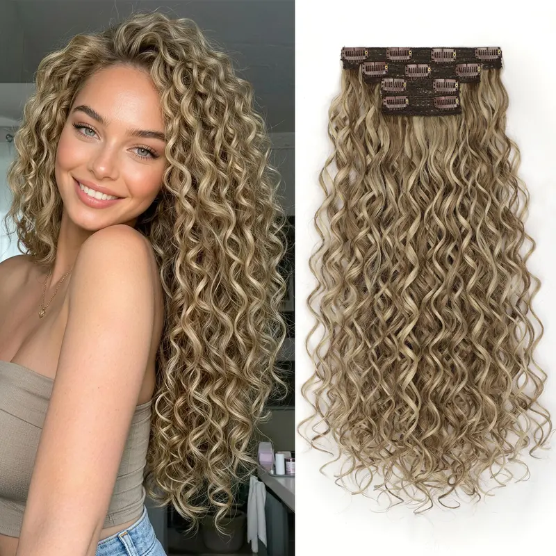 KooKaStyle 20 Inch Curly Clip In Hair Extensions 4PCS, Synthetic Wavy Hairpieces for Women, Lightweight Seamless Blend Extensions for Fuller Layered Hair