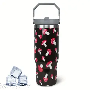 30 Oz Mushroom Tumbler with Handle and Flip Straw - Leak Proof Insulated Coffee Mug for Women, Mushroom Lovers and Gifts - Drinkware, Flasks