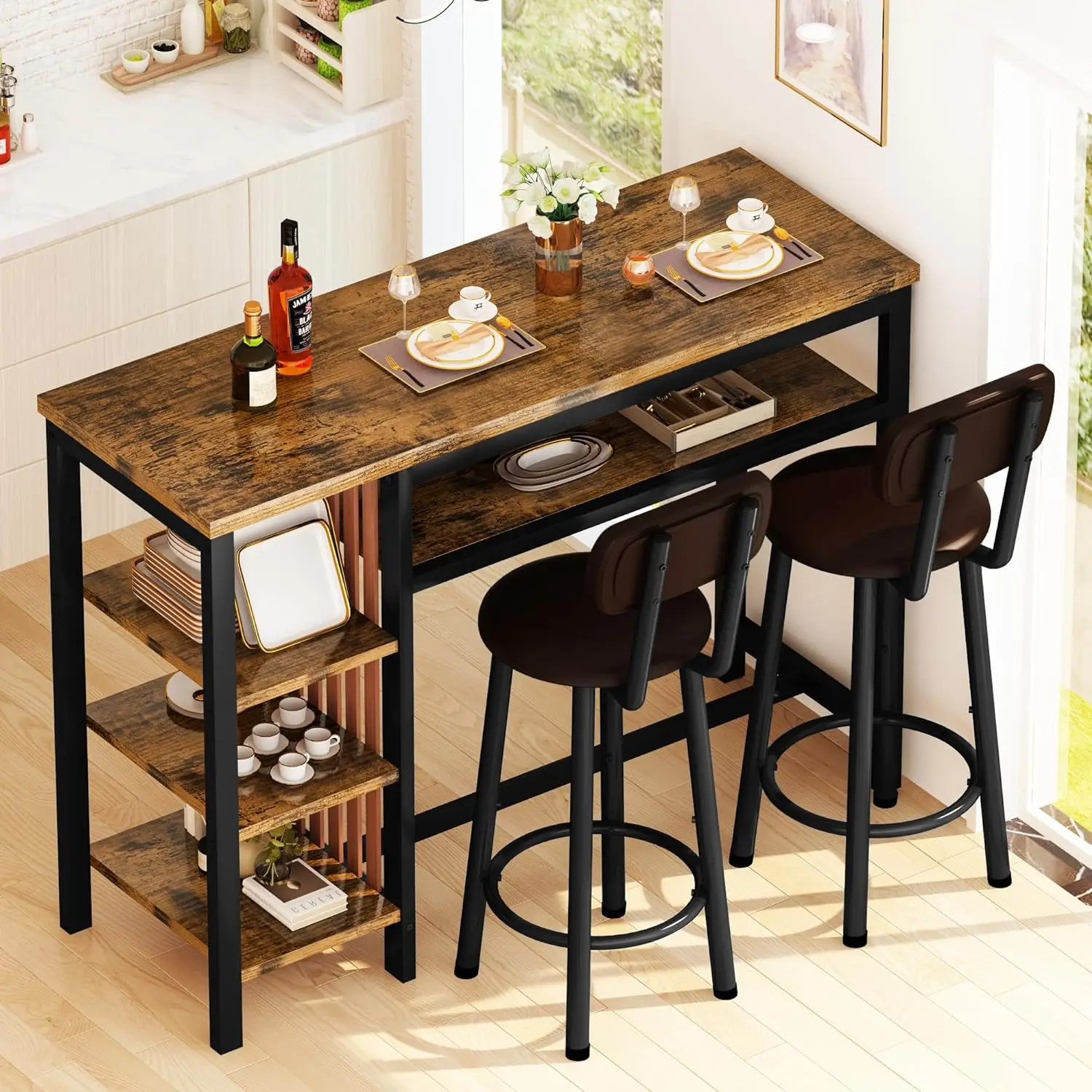 DKLGG Counter Height Dining Set - Bar Table and 2 Upholstered Stools with Storage Shelves, Kitchen Breakfast Nook Pub Set