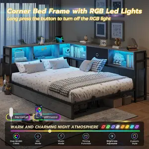 SIKAIC Modern LED Metal Daybed Frame with Charging Station & Storage Drawers, Twin/Twin XL/Full Size Bookcase Headboard Platform Bed, Oak Gray