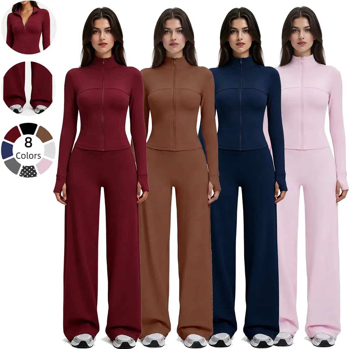Women's 2-Piece Workout Set - Compression Zip-Up Jacket, Butt-Lifting Wide-Leg Active Joggers, Regular Fit, Machine Washable for Gym Workouts Workout Outfit Sports Set Stretchable Activewear Sports Top Set Sports Suit Tracksuits Sweatsuits Tracksuits