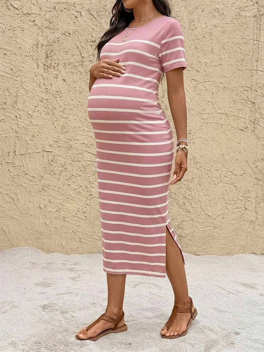 AVENO Maternity Striped Round Neck Short Sleeve Side Slit Hem Casual Dress