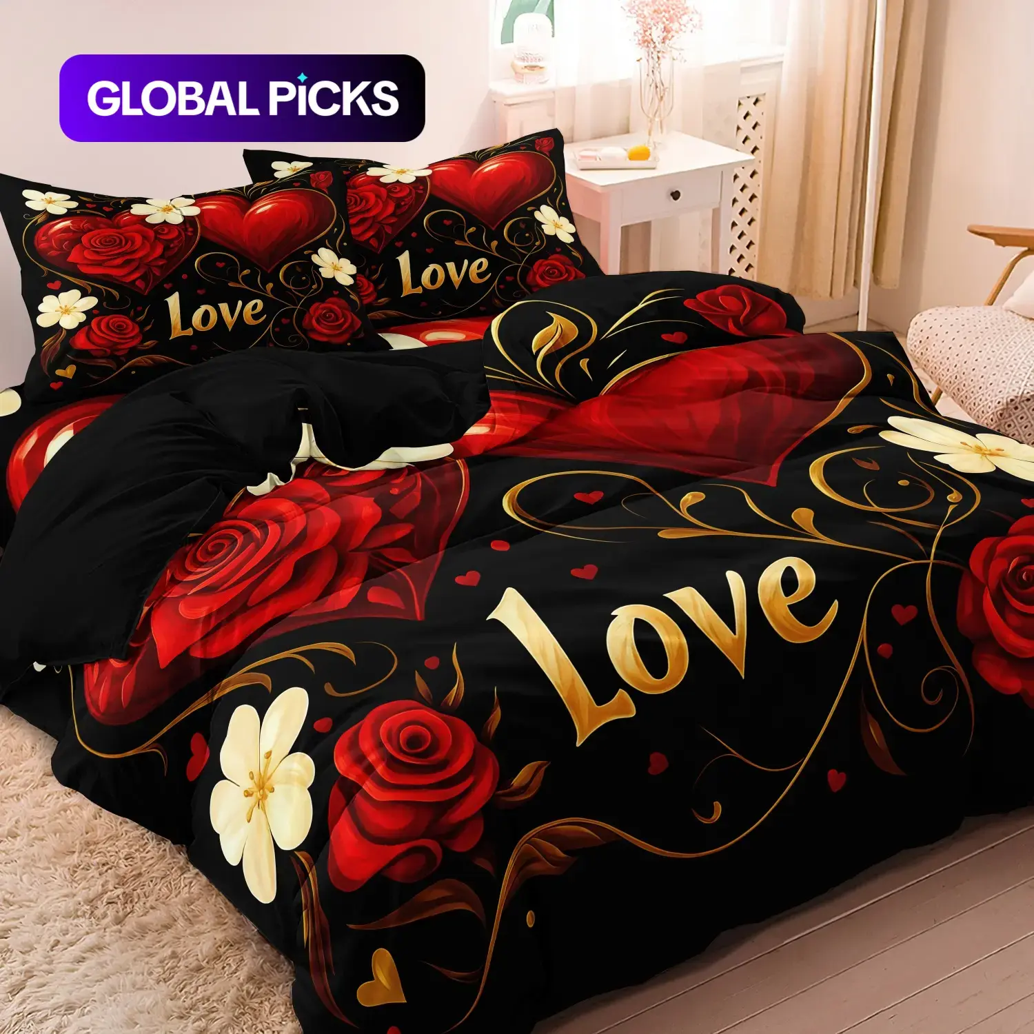 3 PCS Deep Red Rose Heart Design Duvet Cover Set, Decorative Bedding for Bedroom & Hotel, Holiday Gift (1 Duvet Cover + 2 Pillowcases, No Comforter, No Pillow Insert) #GLOBAL PICKS