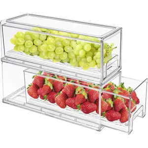 2Pack Clear Fridge Drawers Pull Out Stackable Refrigerator Drawer Organizer Bins Pantry Storage Box Plastic  Containers for Kitchen Bathroom Office Closet(X-Small)