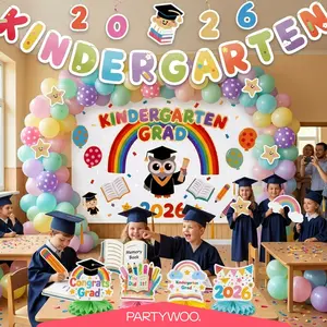 PartyWoo Graduation Decorations 2026 Kindergarten Rainbow 40pcs Grad Party Supplies with Congrats Grad Colorful Backdrop Banner Hanging Swirls Latex Balloons Graduation Cap Centerpieces Party