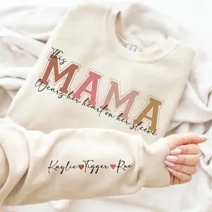 Custom This Mama Wears Her Heart On Her Sleeve Sweater, Personalized Mom With Kids Names Hoodie, Motherhood Gift, Mother's Day Gifts