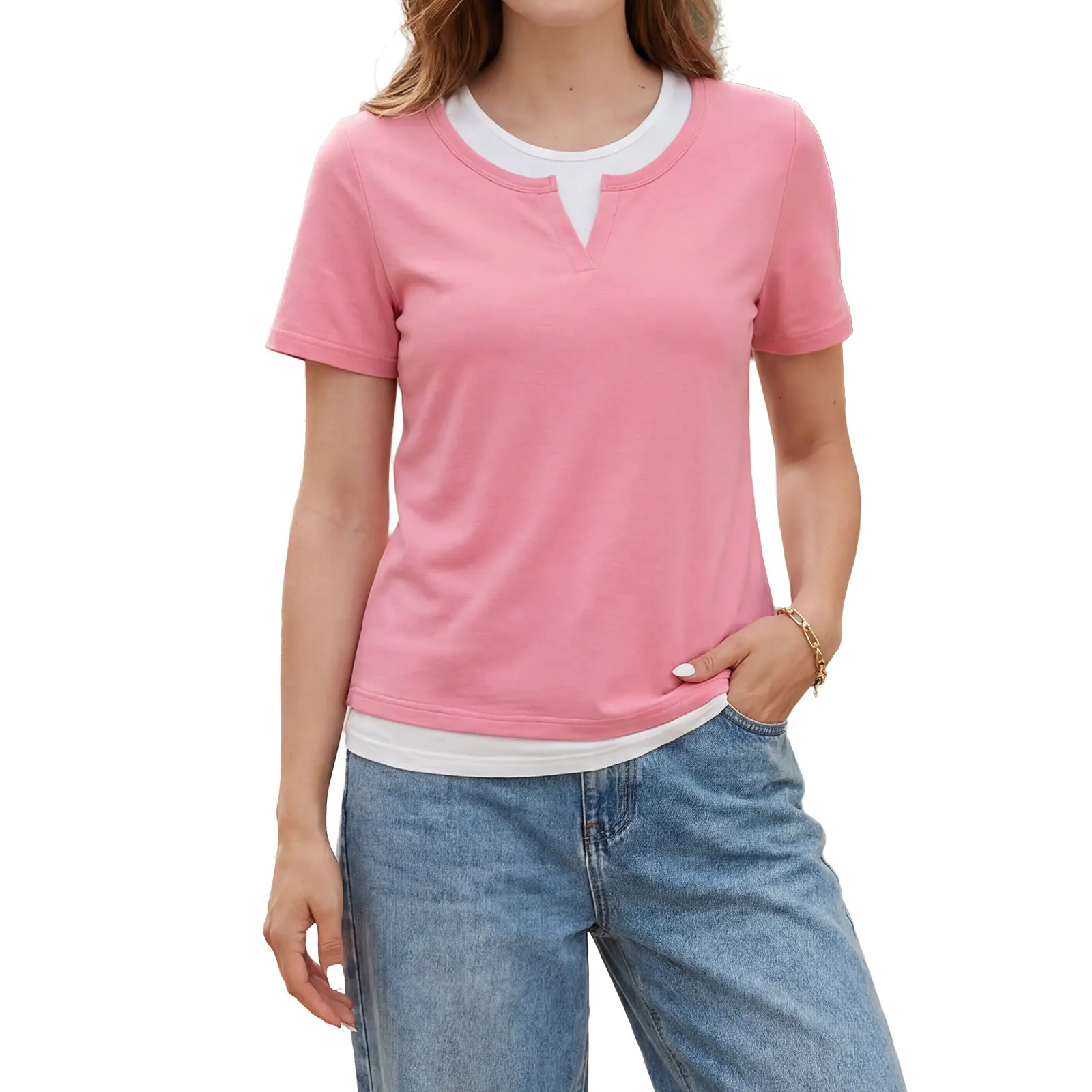 Shewin Women's Short-Sleeve Scoop Neck Stretch Cotton-Elastane Colorblock Slim Fit Tshirt - Chic Minimalist Blouse with Clean Details, Cold-Wash Safe, Easy Tee for Workdays, Weekends & Casual Everyday Wear
