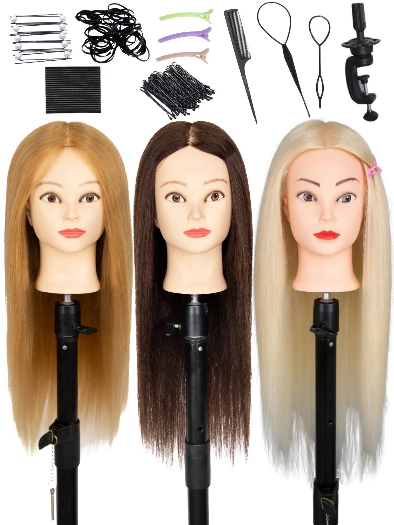 Human Head Model with 80% Real Human Hair, Mannequin Human Hair, Ideal for Makeup and Hairstyling Practice, Includes Clamps and Stand for Professionals, Wig Tool