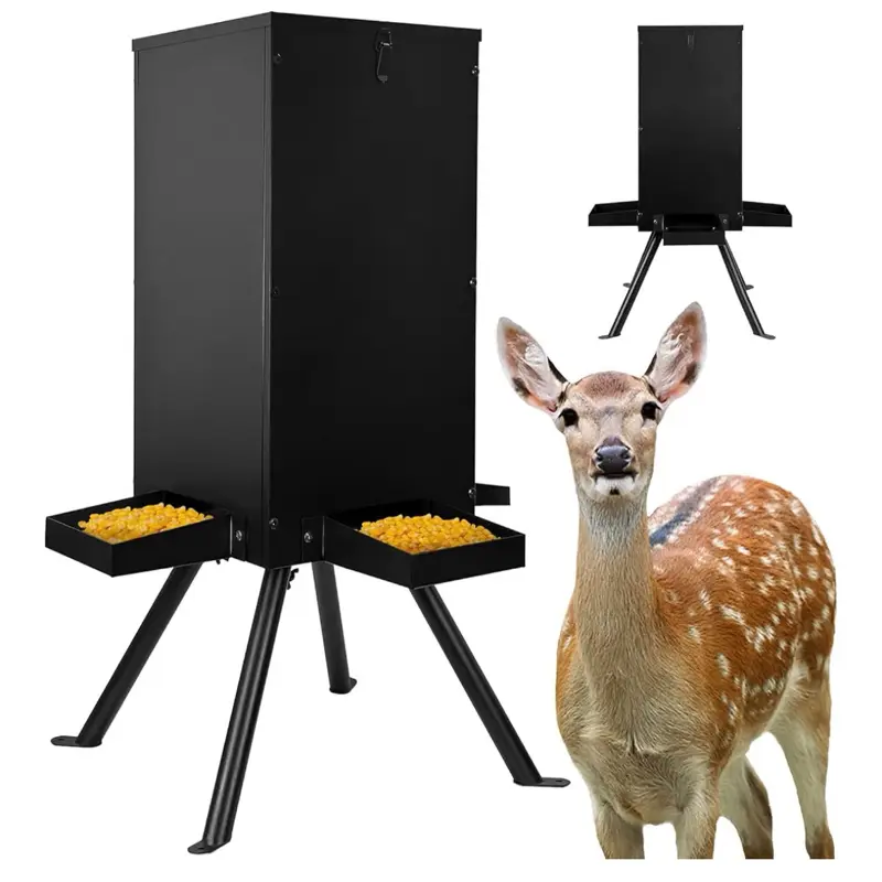 85lbs Deer Feeder, Weatherproof Deer Feeders with 4 Feeding Tray and 4-Leg Stand, Heavy Duty Metal Gravity Feeder for Deers and Wildlife (Black)