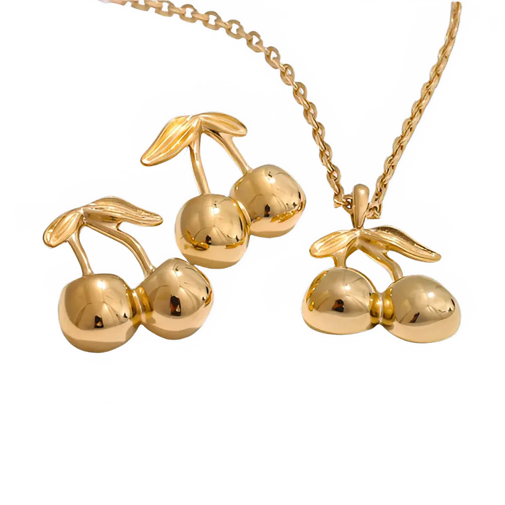 Trendy Cherry Stud Earrings & Necklace Set
