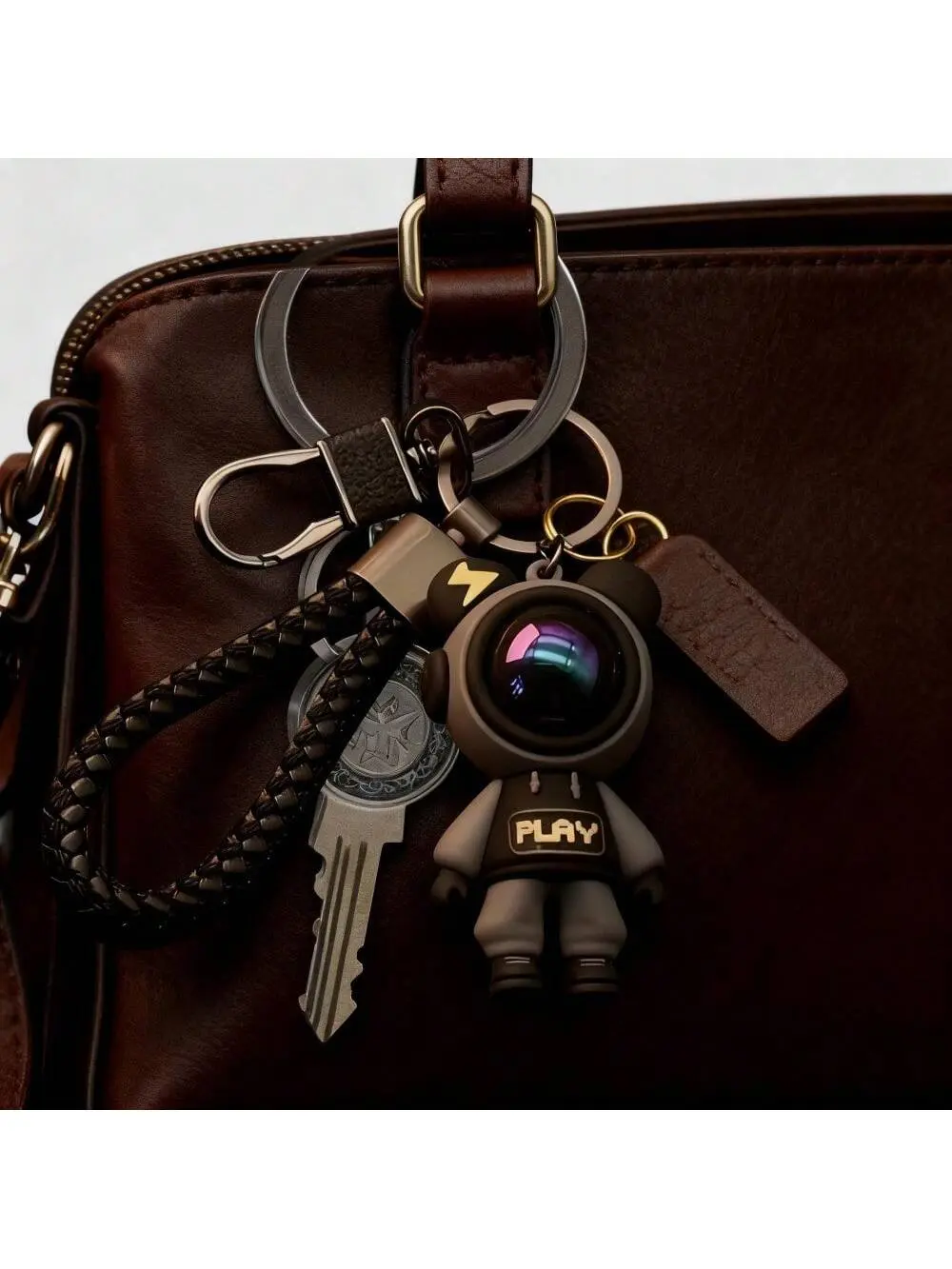 Cute Astronaut Keychain & Bag Charm, Silicone Space Figure with Braided Leather Strap, Reflective Visor Accessory for Couples, Keychain Accessory, Bag Charms