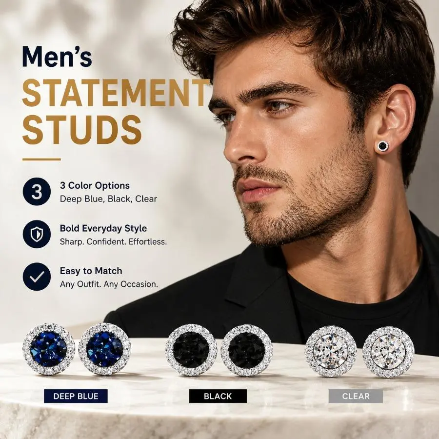 3 PAIRS Crystal Cluster Brilliant Ear Clip Men's High-end and Cool Style Earrings Without Ear Holes, Painless Earrings, Blue/black/white Tri Color Sparkling Diamond Earrings, Versatile for Commuting