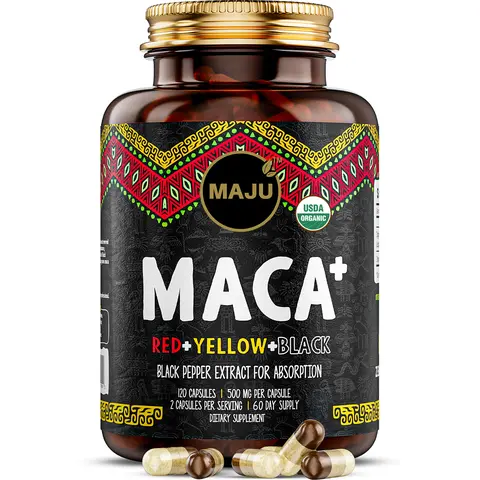 MAJU Organic Maca Capsules (120ct) - Edible Vegetarian Dietary Supplement, Red, Yellow, & Black Maca, Hormone, Healthcare, Optimum Stamina & Fitness