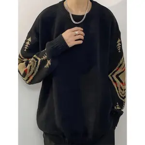 Men'S Slim Fit Geometric Cross Pattern Knit Sweater - Black Crewneck Long Sleeve Pullover, Machine Washable Casual & Outdoor Wear for Spring/Fall, Versatile for Parties & Daily Outings, Comfortable Winter Wear