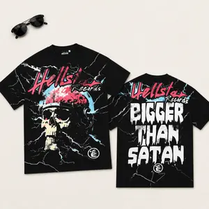 Hell Star Skull Lightning Graphic Tee Mens Oversized Black Streetwear T Shirt Bigger Than Satan Letter Print Y2K Grunge Hip Hop Short Sleeve Top TikTok Viral Baggy Jeans Summer Urban Outfit