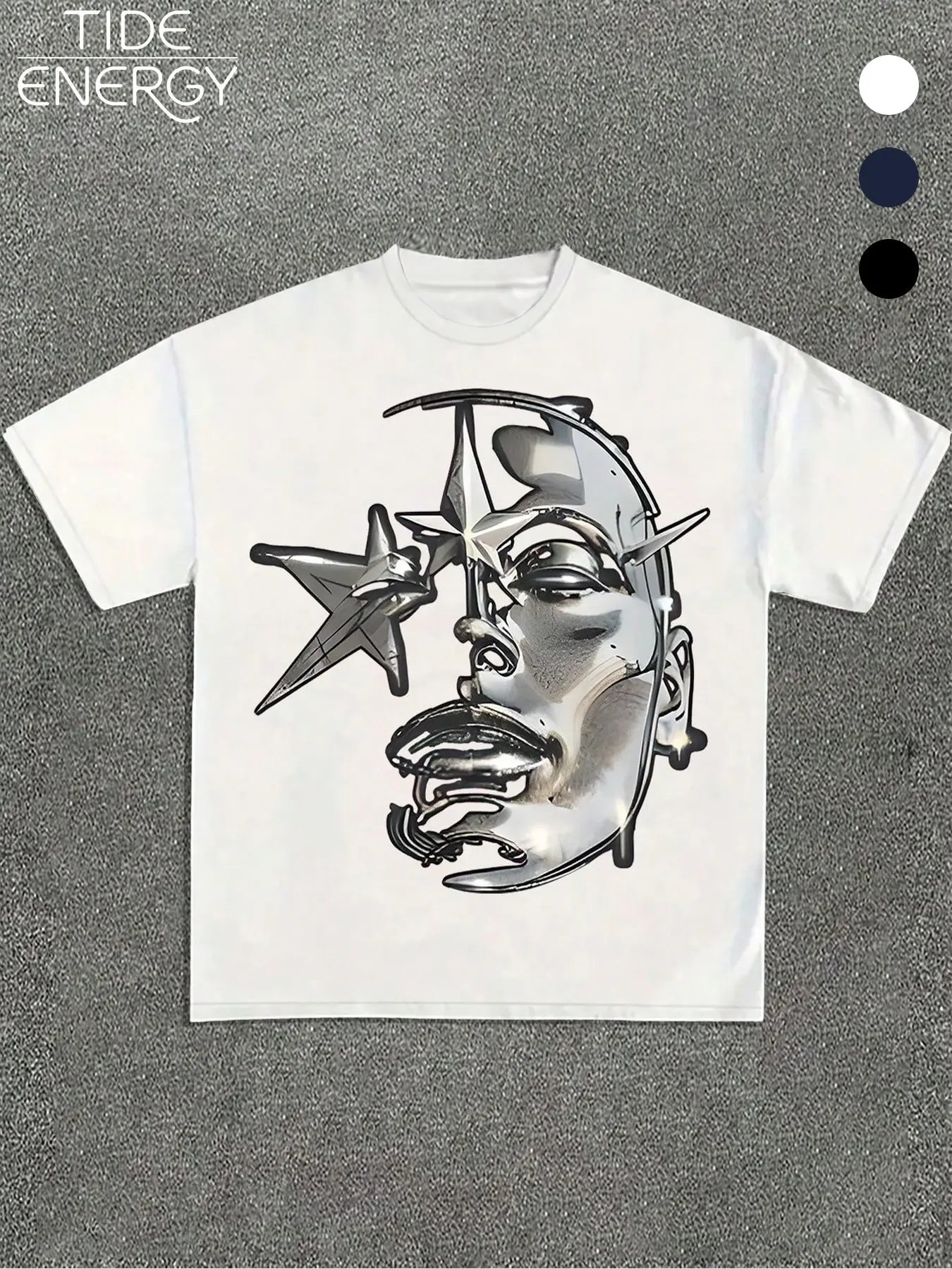 Men's Cyberpunk Metal Face Loose Fit T-Shirt, 3D Geometric Star Print Streetwear Short Sleeve, Heavy Cotton Casual Menswear Top for Music Festivals & Daily Wear