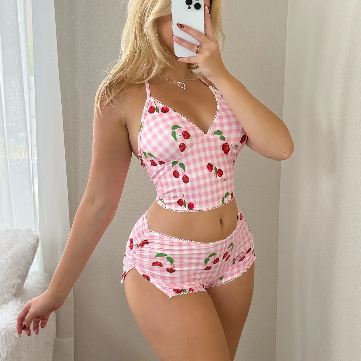 Women's Pajama Set, 2-Piece Plaid Cherry Print Loungewear with Adjustable Strap Cami and Side Ruched Split Shorts, Nightwear, Cami Style Loungewear Sets, Fashion Apparel, Polyester, Spaghetti Strap, Hand Wash, Checkered Print, Basic Look, Adjustable Fit,,