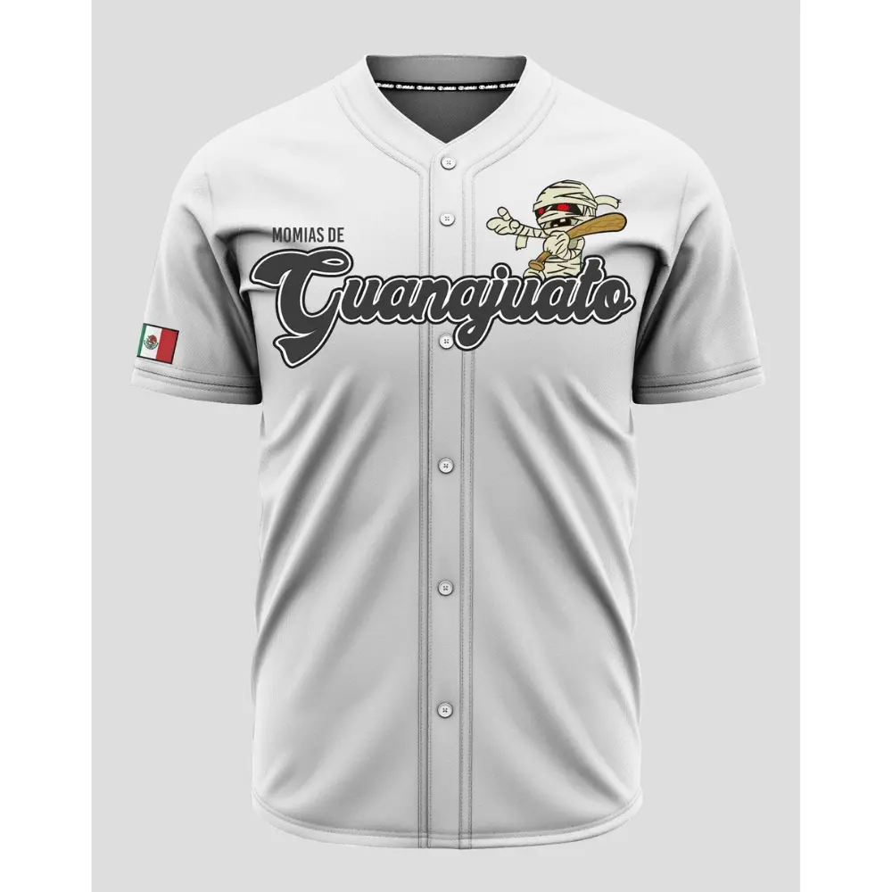 Premium Guanajuato Mummy White Baseball Jersey – Mexico Heritage Button-Up Jersey, Cartoon Mummy Graphic Sports Shirt, Unisex Fan Apparel