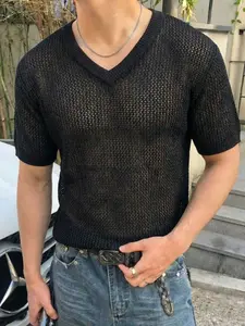 Men's V Neck Hollow Out Mesh Knit Short Sleeve T-Shirt, Breathable Casual Wear for Spring Summer, Loose Fit Korean Style