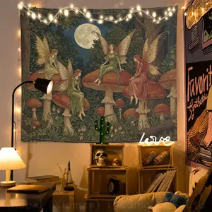 Enchanted Fairy Tapestry - Moonlit Forest with Glowing Mushrooms & Fairies, Magical Wall Hanging for Room,, Weddings, Parties - Boho Bohemian Decor, Pastel Colors, Durable Indoor/Outdoor Use