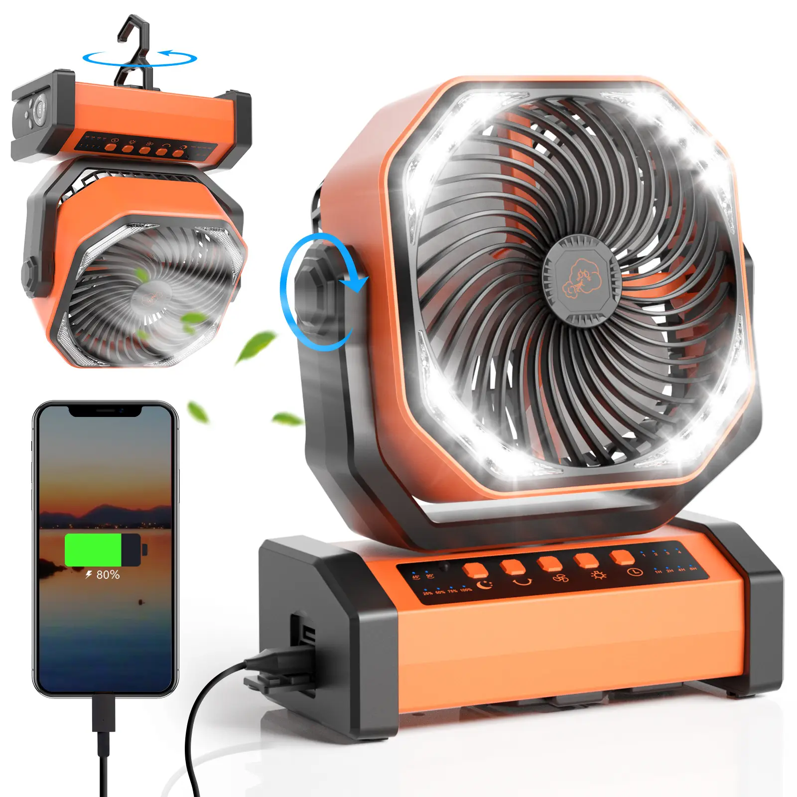 Desk Fan 20000mAh Camping Fan with LED Light, Auto-Oscillating Desk Fan with Remote & Hook, 4 Speeds USB Fan for Camp Travel, Rechargeable Battery Ope