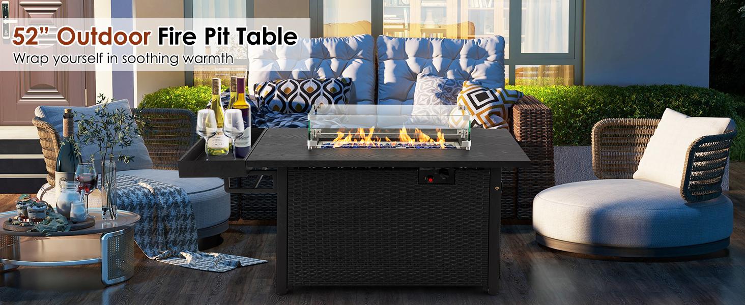 【Costway】-Outdoor Pit Table w/Lid, Waterproof Cover, Tempered Glass Wind Guard & Blue Fire Stone w/Storage Shelf  for Courtyard Balcony Garden Terrace