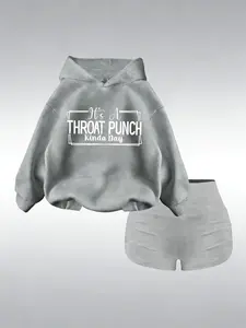 Back-To-School Casual, Soft Print Hooded Drawstring Sweatshirt + Kardashian Style Pleated Shorts, Slimming Y2K Youthful Look Clothes