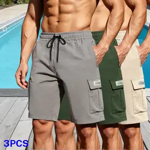 Men’s new three pack cargo shorts, outdoor casual style, featuring 3D workwear large pockets and a loose straight cut. Suitable for men who love the outdoors—ideal for pool vacations or beach casual wear.